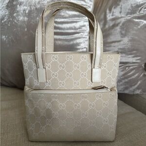 Gucci Cream and White Monogram Tote Bag Small
